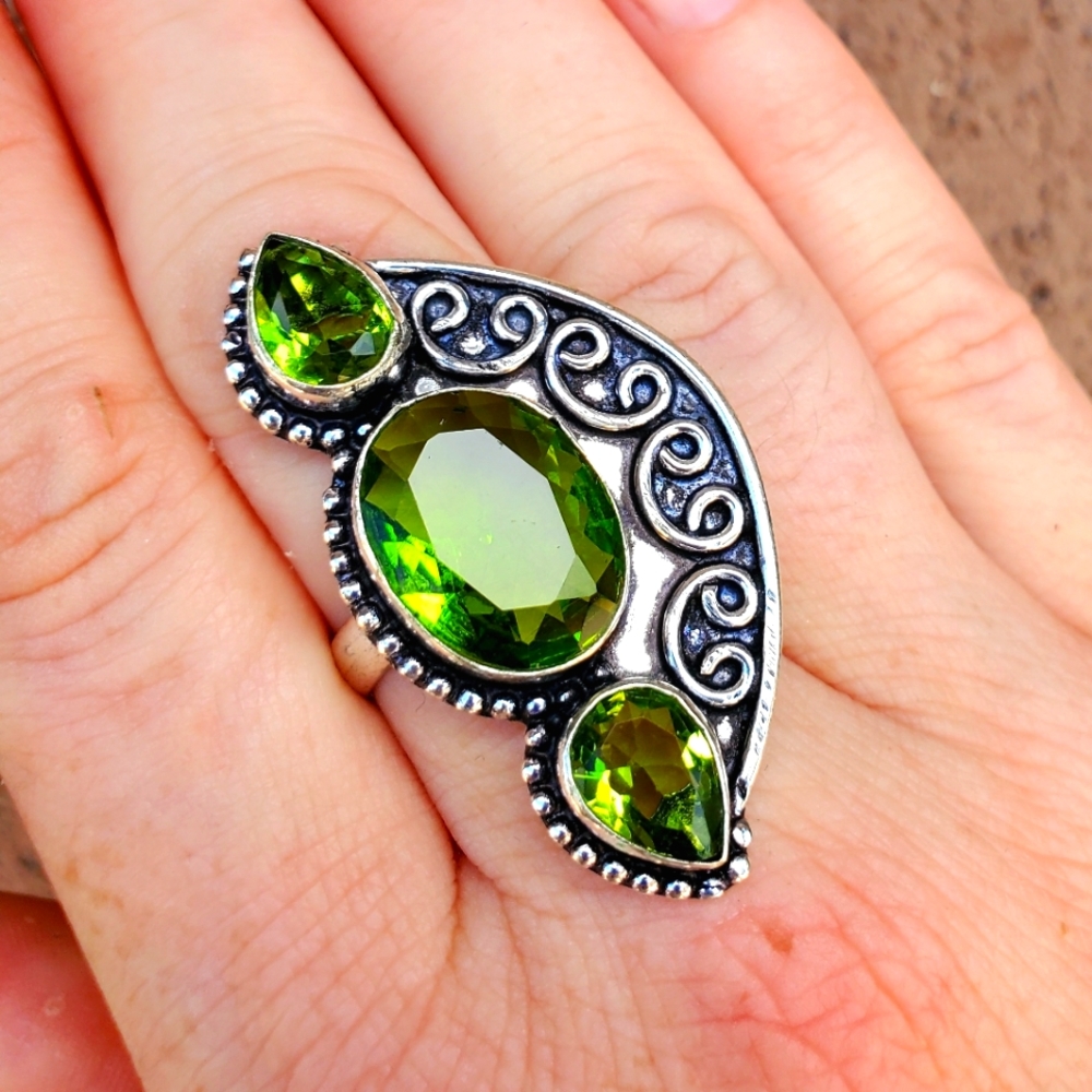 New Peridot 925 Silver Statement Ring.